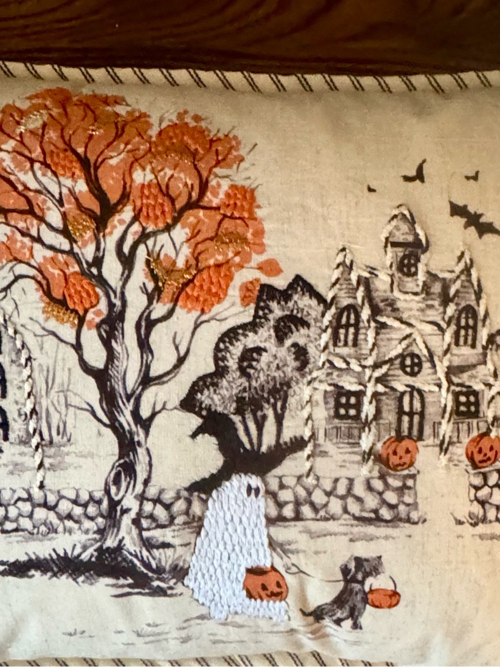 Cynthia Rowley Embroidered Halloween Ghost & Pumpkin Scene Pillow- GORGEOUS!!